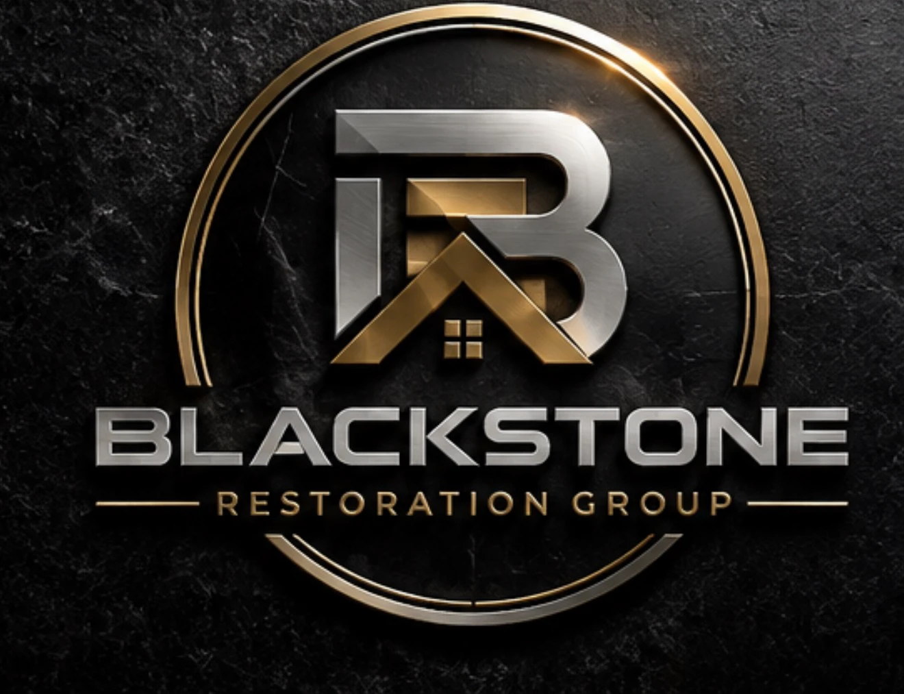 Blackstone Restoration Group emblem on dark stone